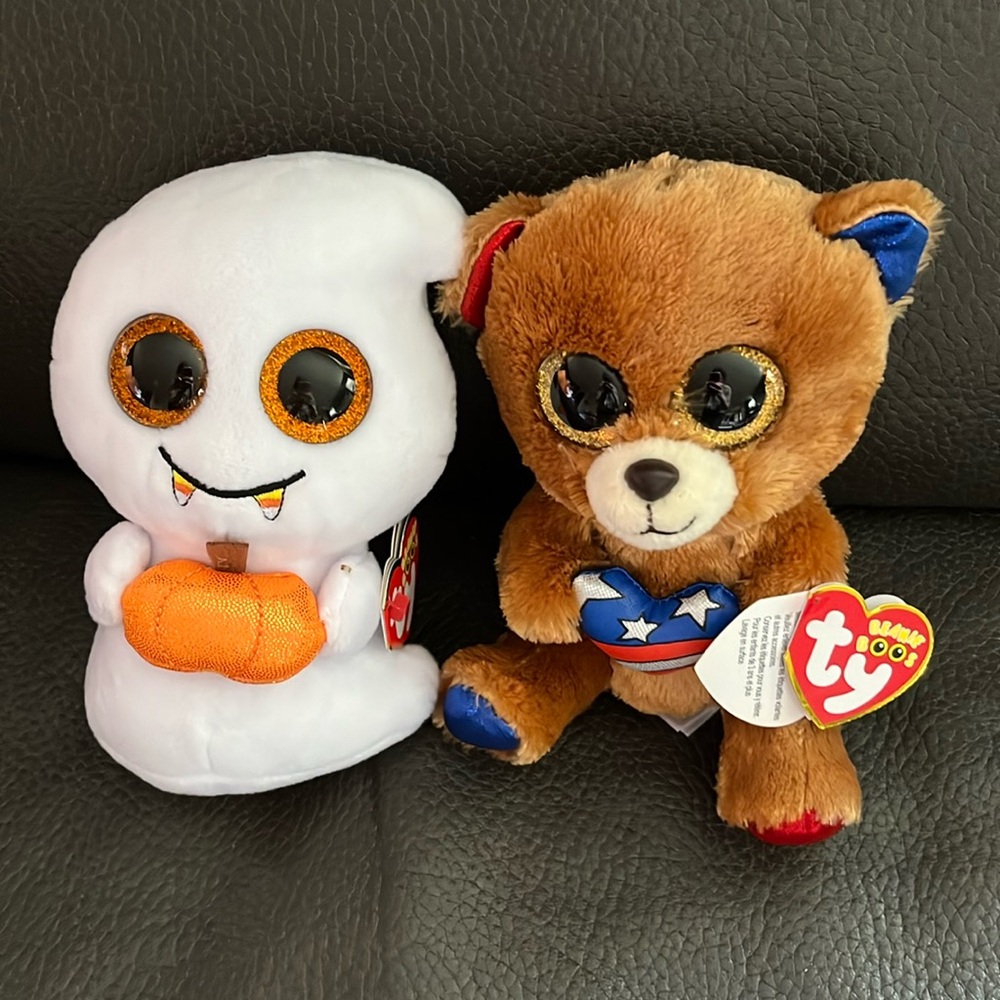 Two seasonal Halloween and patriotic beanie babies